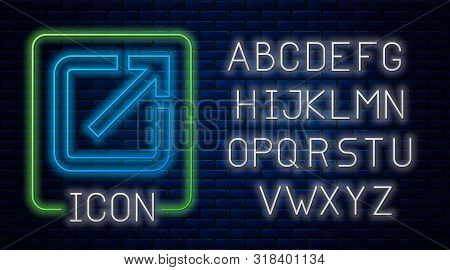 Glowing Neon Open In New Window Icon Isolated On Brick Wall Background. Open Another Tab Button Sign