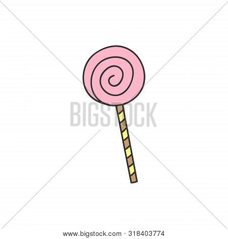 Lollipop Candy Vector Illustration. Sweet Pink Twisted Lolly On Stick. Hand Drawn Isolated, Outlined