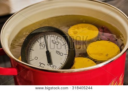 Preparing Homemade Tasty Peach Compote In Cooking Pot Full Of Water With Thermometer