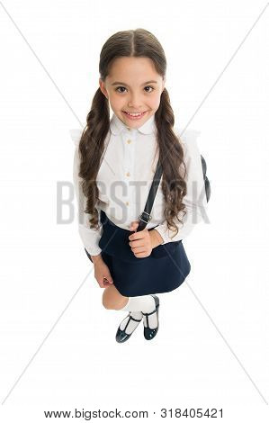 Getting Ready. Fit Backpack Correctly. Girl Little Fashionable Cutie Carry Backpack. Popular Useful 