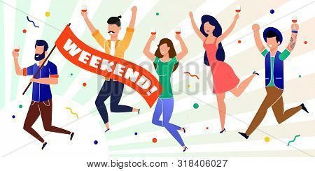 Happy Office Coworkers Celebrating Start Weekend. Smiling Men And Women Group Rejoicing Work Week En
