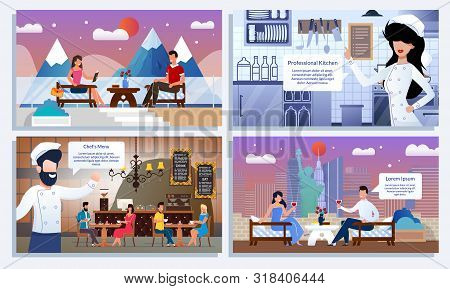 Happy People On Romantic Date At Urban Or Mountain Resort Cafe. Friendly Smiling Restaurant Staff At