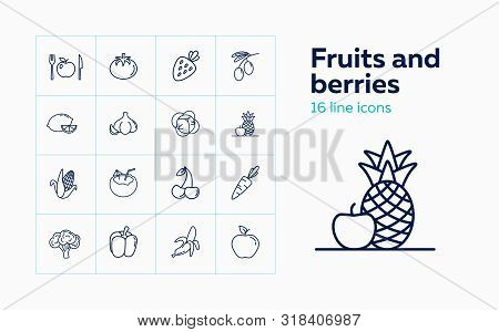 Fruits And Berries Line Icon Set. Cherry, Banana, Apple, Lemon. Grocery Concept. Vector Illustration