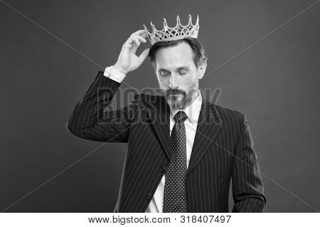 Living Life Like Big Boss. Big Boss Wearing Jewelry Crown On Red Background. Powerful Big Boss With 