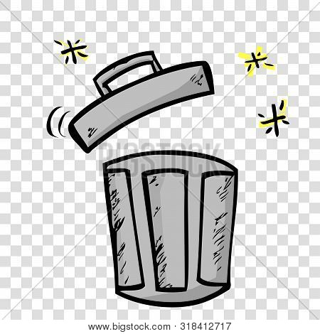 Gray Vector Hand Draw Sketch Of Opened Empty Clean And Tidy Trash Bin, At Transparent Effect Backgro