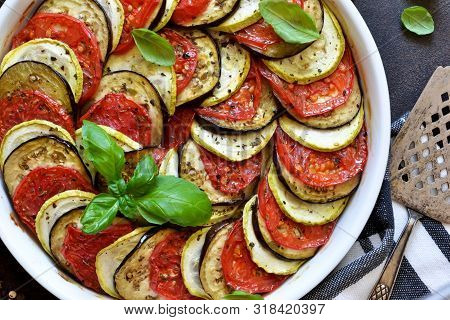 Ratatouille - A Traditional Vegetable Dish Of French Cuisine. Ratatouille Dish Of Eggplant, Zucchini