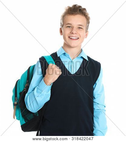 Happy Boy In School Uniform On White Background