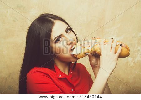 Sexy Cute Woman Or Pretty Girl With Brunette Long Hair And Makeup On Face In Fashionable Red Shirt H