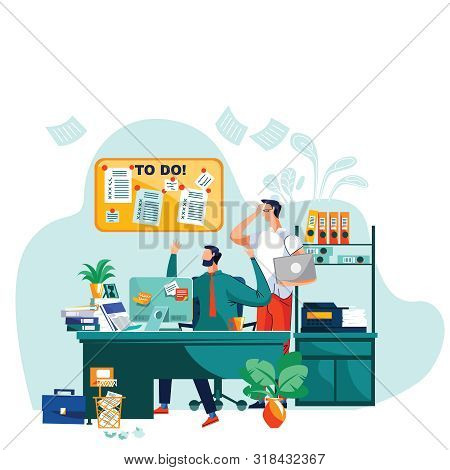 Deadline, Teamwork And Brainstorm Business Concept Vector. Team Of Employees In Company Office Worki