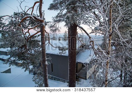 Ukraine, Lviv, January- 01,2019 Wooden House In Snowy Mountains Christmas Holiday Carpathians Mounta