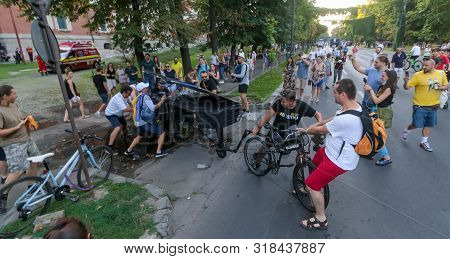 Bucharest, Romania - August 10, 2019: Marian Raduna Pulls The Davide Martello Piano During The 