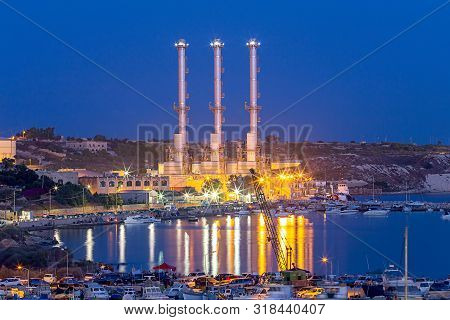 Delimar Power Station In Night Illumination. Marsaxlokk. Malta.