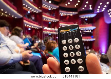 Bucharest, Romania - July 13, 2019: A Powercom  Rf1 Multi Digit Audience Voting Keypads Audience Res
