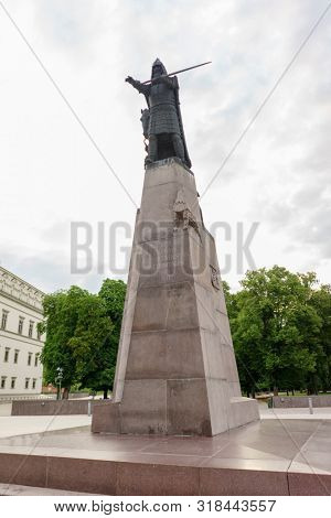 VILNIUS, LITHUANIA - JULY 30, 2019: Monument to Grand Duke Gediminas the Founder of Vilnius and Trakai, Artist Vytautas Kasuba, 1996