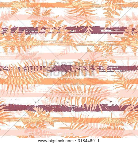 Jungle New Zealand Fern Frond And Bracken Grass Over Painted Stripes Seamless Pattern Design. Bali F