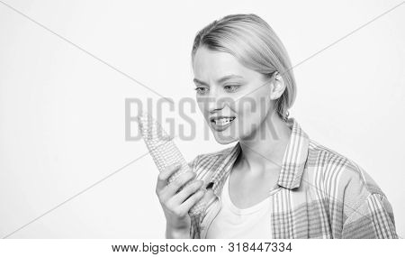 Agriculture And Cultivation. Healthy Teeth. Corn Crop. Vitamin And Dieting Food. Happy Woman Eating 