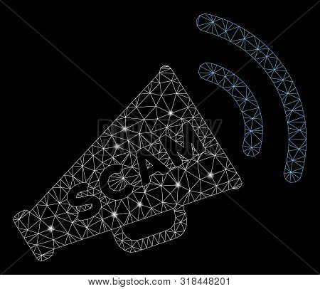 Glossy Mesh Scam Alert Megaphone With Sparkle Effect. Abstract Illuminated Model Of Scam Alert Megap