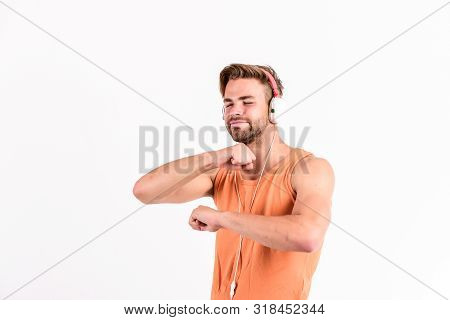 Musical Accessory. Songs For Active Leisure. Man Listening Music Headphones And Dance White Backgrou
