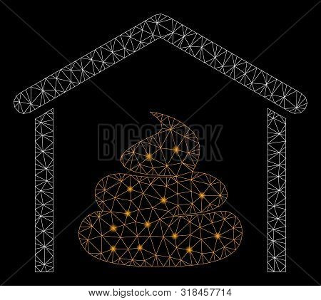 Glowing Mesh Shit Storage Hangar With Sparkle Effect. Abstract Illuminated Model Of Shit Storage Han