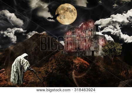 Halloween Concept. Castle Ruin On Hill, Tree, Moon, Bat, Old Witch Or Specter And Dramatic Sky.a Gho