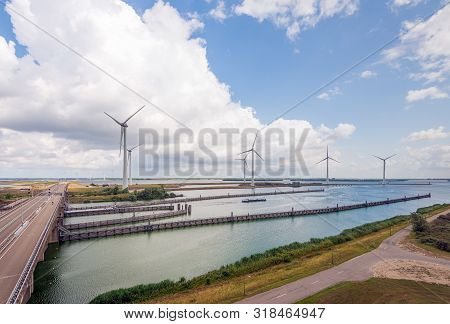 Krammer Wind Farm And Western Entrance Krammer Lock Complex Between The Fresh Water Of The Volkerak 