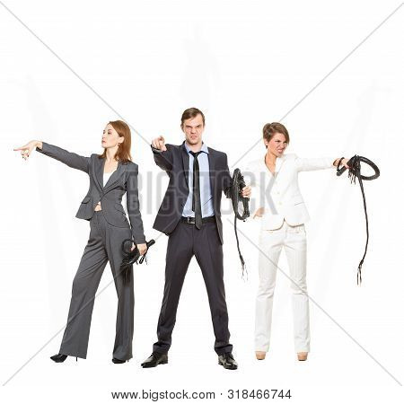 Collage, On A White Background. Humor, Aligoria. Two Female Boss And Male Boss With A Whip, Concept 