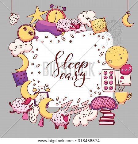 Square Background With Hand Drawn Colored Sleep, Insomnia Items And Lettering. Concept Of Trying To 