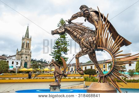 Turmeque, Colombia – August, 2019: Monument Honouring The Indigenous Muisca At The Central Square Of