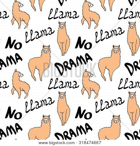 Seamless Pattern With Cute Hand Drawn Lamas And Lettering Isolated On White Background. Repeated Orn