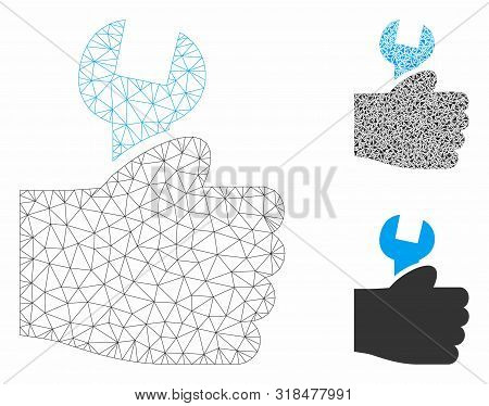 Mesh Service Hand Model With Triangle Mosaic Icon. Wire Frame Triangular Mesh Of Service Hand. Vecto