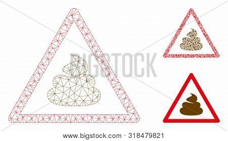 Mesh Shit Warning Model With Triangle Mosaic Icon. Wire Carcass Polygonal Mesh Of Shit Warning. Vect