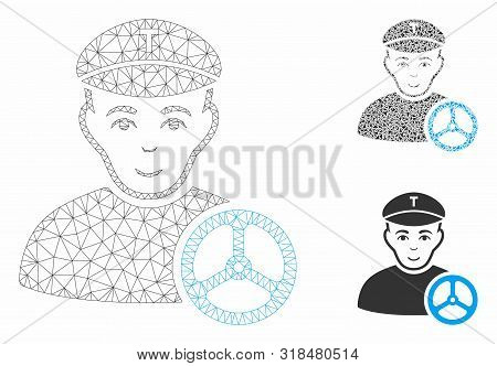 Mesh Taxi Driver Model With Triangle Mosaic Icon. Wire Carcass Triangular Mesh Of Taxi Driver. Vecto