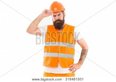 Creating Solid Foundation. Man Protective Hard Hat And Uniform White Background. Worker Builder Conf