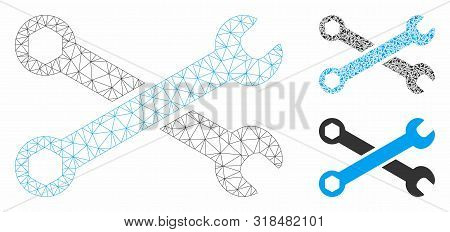 Mesh Wrenches Model With Triangle Mosaic Icon. Wire Frame Triangular Mesh Of Wrenches. Vector Compos