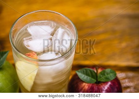 Homemade Green Apple Soda. Refreshing Drink, Apple Juice With Carbonated Water.