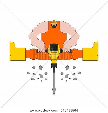 Road Worker And Jackhammer. Roadman At Work. Vector Illustration