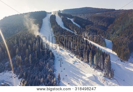 Aerial View Of A Skii Resort In The Carpathian Mountains On A Sunny Day