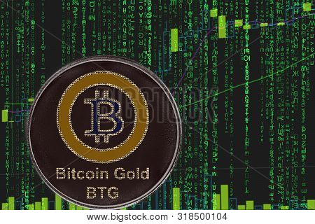 Token Bitcoin Gold Btg  Cryptocurrency On The Green Matrix Background Of Binary Crypto Price Chart.