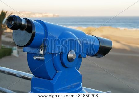 Binoculars, Telescope, On The Beach, Laterally From The Right, Directed Downwards