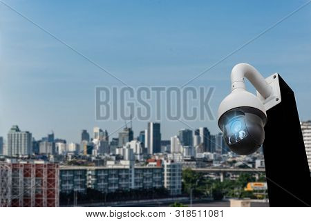 180 Degree Cctv Camera Dome Separated From The Back On The City Background