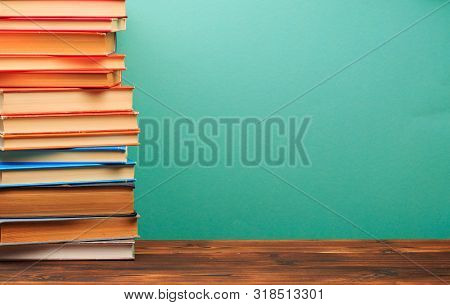Pile Of Old Books, Panorma, Good Copy Space  On Blue Background