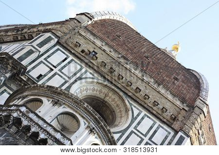 Isolated Portion Of The Famous Marble, Decorated Dome On The Church In Florence, Tuscany, Italy
