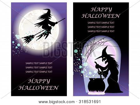 Set Of Two Happy Halloween Greeting Card Templates With Witches, Vector Illustration.