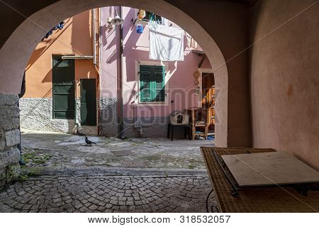 Colorful Buildings Of Castelnuovo Magra, La Spezia, Liguria, Italy,  Historic Town In Lunigiana