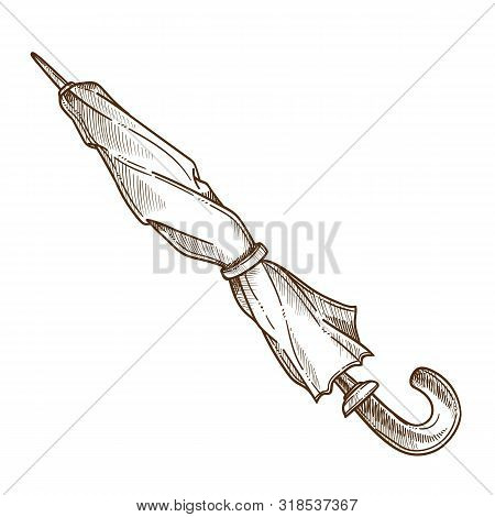 Rain Protection, Closed Umbrella Isolated Sketch, Vintage Accessory