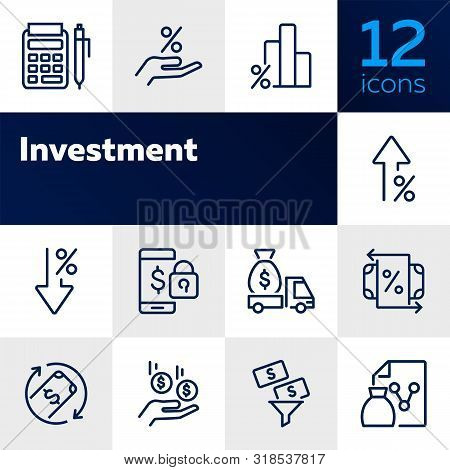 Investment Line Icon Set. Encashment Car, Income, Graph. Money Concept. Can Be Used For Topics Like 