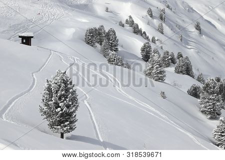 Off Piste Skiing In Mayrhofen, Austria. Ski Resort In Tyrol Region.