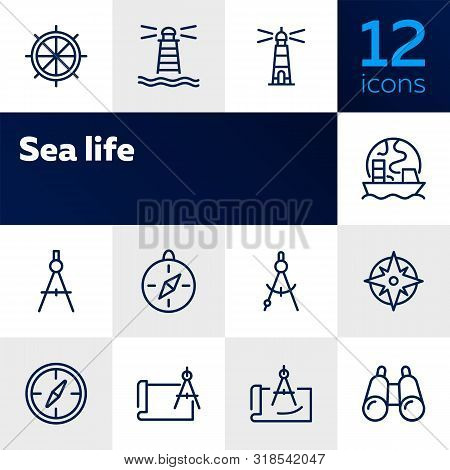 Sea Navigation Line Icon Set. Set Of Line Icons On White Background. Lighthouse, Steering Wheel, Shi