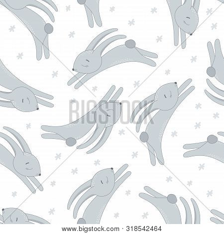 Eamless Pattern With Winter Rabbit, Hare And Hand Drawn Elements.