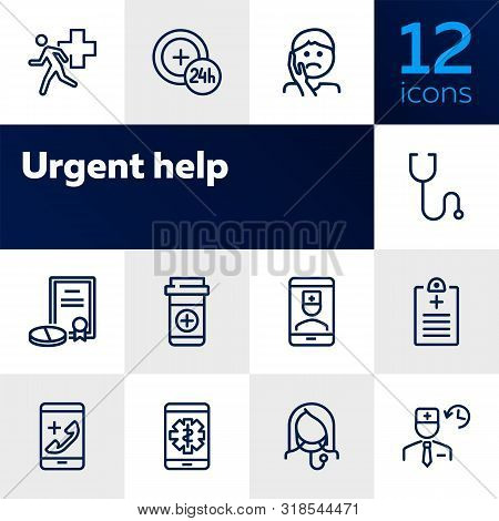 Urgent Help Line Icon Set. Patient, Pills, Prescription. Healthcare Concept. Can Be Used For Topics 